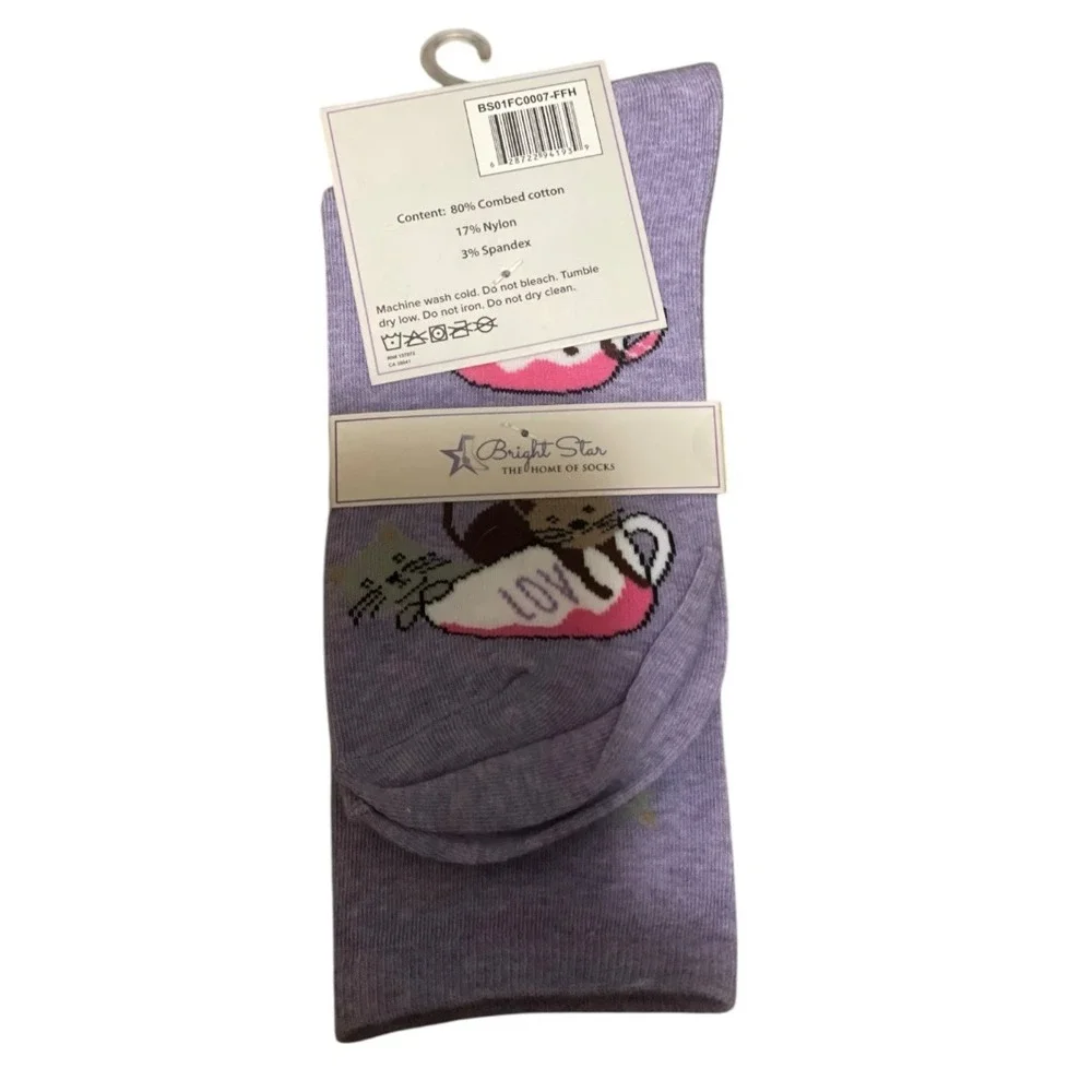 Bright Star Womens Crew Socks Purple Cat Love‎ Premium Combed Cotton 4-10